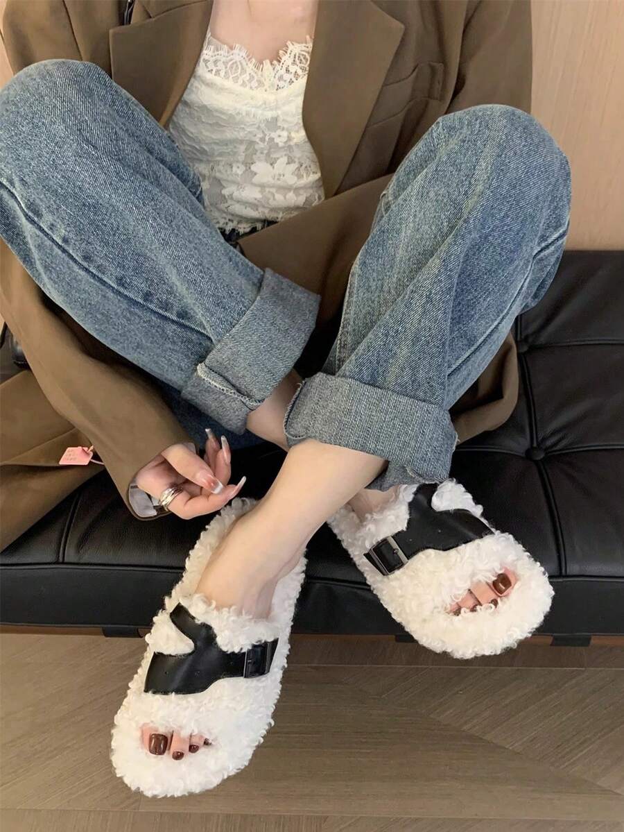 時尚白色捲毛女款室外拖鞋，5cm 增高和彩色拖鞋，適用於學生和秋冬家居使用 - 米色 - 查看 1