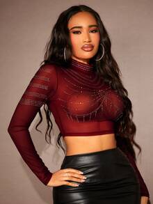 SHEIN SXY 網眼長袖短上衣,鑲有熱固性水晶的紋路 - 酒紅色 - 查看 4