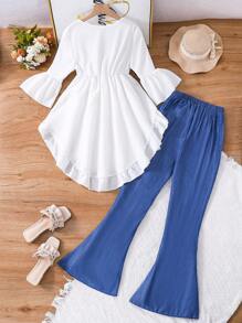 Teen Girl's Asymmetrical Ruffle Trim Top And Jeans Style Flared Pants Outfit