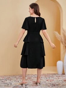 SHEIN 少女手工編織幾何花紋和花鬘圖案雙層連衣裙 - 黑色 - 查看 2