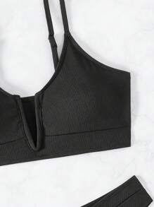 SHEIN Swim 女士纯色 V 领镂空比基尼套装 夏季 - 黑色 - 查看 5