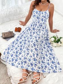 SHEIN WYWH Women'S Floral Print Spaghetti Strap Dress - Blue and White - View 1