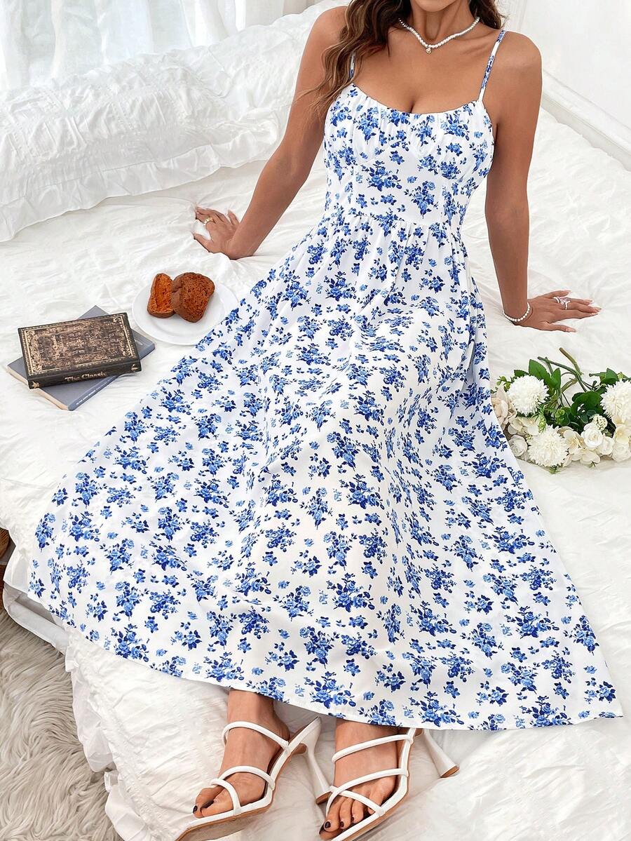 SHEIN WYWH Women'S Floral Print Spaghetti Strap Dress - Blue and White - View 1