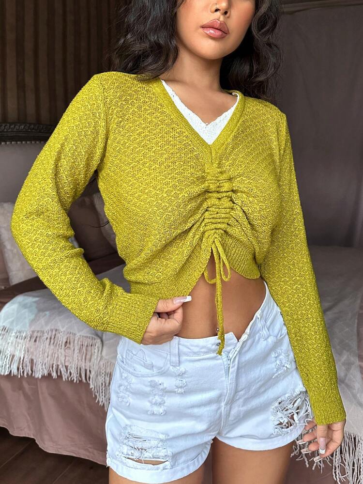 Women's Drawstring Long Sleeve Cropped Knit Pullover Fall Winter Sweater