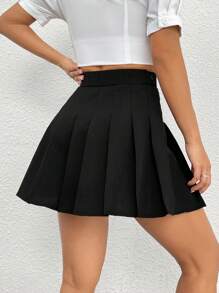 SHEIN PETITE Solid Color High Waist Pleated Skirt - Black - View 2