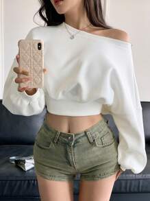 DAZY 女式不对称领口长袖运动衫、长袖上衣、返校服、秋季女装 - 白色 - 查看 7