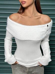 SHEIN Unity Women's Long Sleeve Off Shoulder Sweater With Button Decor Knit Pullover Fall Winter Outfit - White - View 3