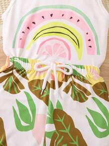 SHEIN 2入組幼兒女孩休閒可愛無袖上衣搭配印花短褲,度假必備款 - 白色 - 查看 4