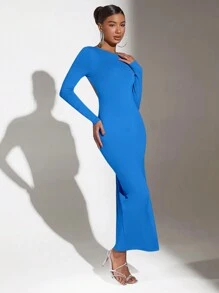 SHEIN BAE Của phụ nữ Không lưng Cao Bên Khe bên Dây đeo Đầm - Màu xanh lam - Xem 6