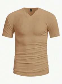 Manfinity Homme Men'S Short-Sleeve V-Neck Slit T-Shirt - Khaki - View 4