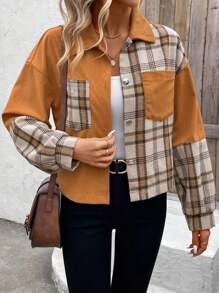 SHEIN LUNE Women's Lapel Collar Splice Jacket - Brown - View 1