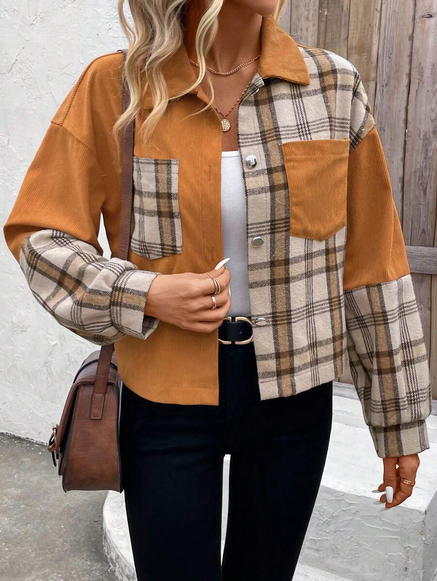 SHEIN LUNE Women's Lapel Collar Splice Jacket - Brown - View 1