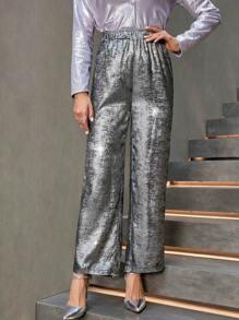 GENKIRA Của phụ nữ Da giả Eo đàn hồi Quần - Bạc - Xem 4