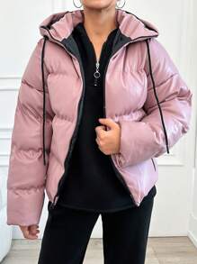 EURMUSE Women'S Solid Color Hooded Short Padded Jacket With Zipper - Baby Pink - View 4