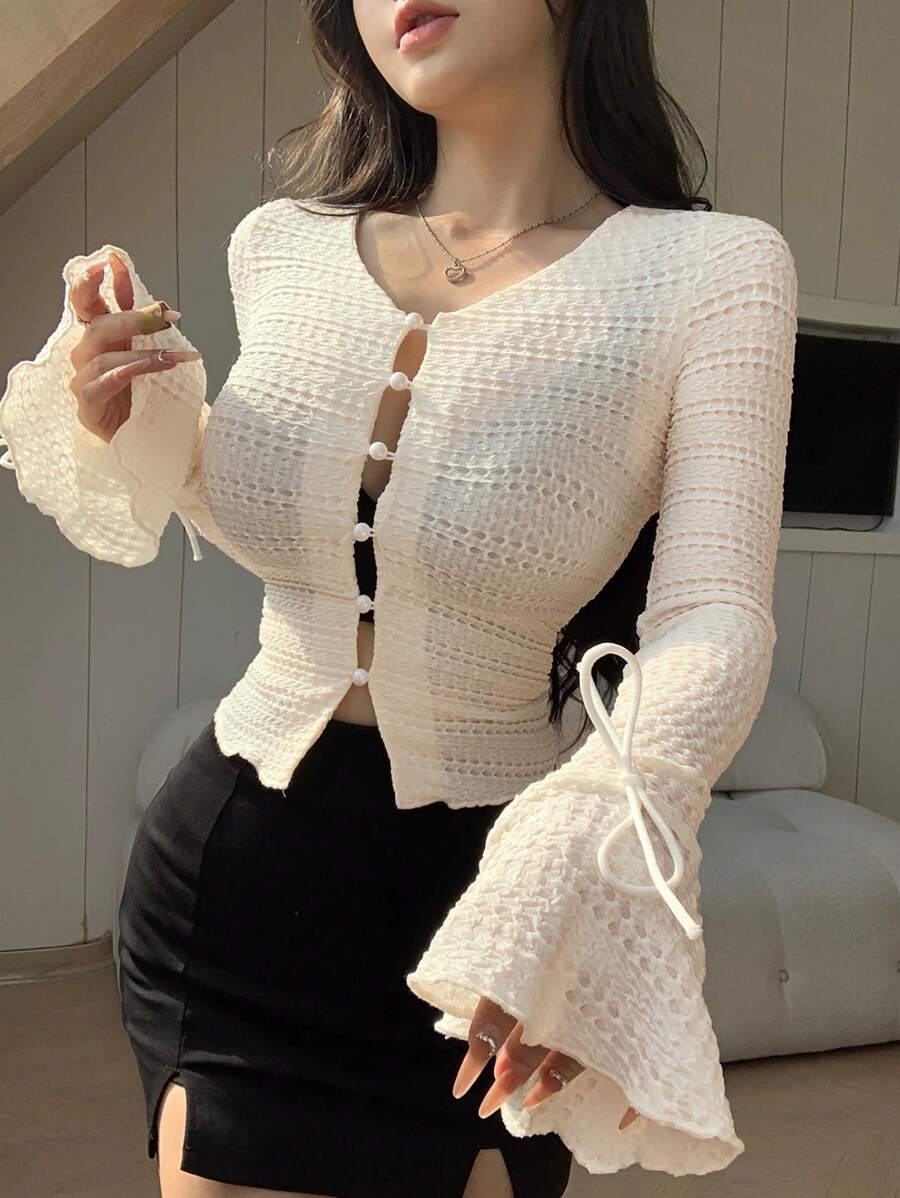 DAZY Women's Solid Color Bell Sleeve T-Shirt Long Sleeve Women Tops - Apricot - View 1