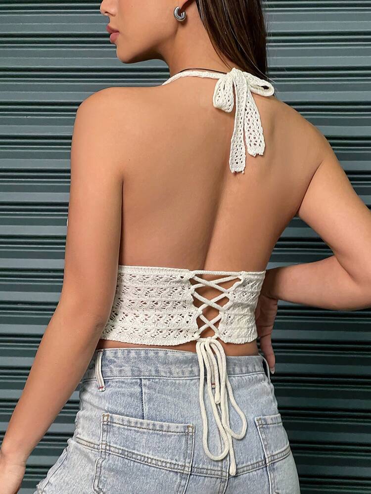 Women's Hollow Out Knit Top With Crisscross Straps, Open Back And Halter Neckline
