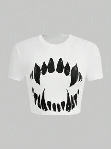 ROMWE Goth Giải trí Quý cô Ngắn Áo thun Với Răng In - trắng - Xem 1