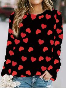 SHEIN LUNE Plus Size Regular Shoulder Heart Printed Long Sleeve Tee With Round Neckline - Multicolor - View 1