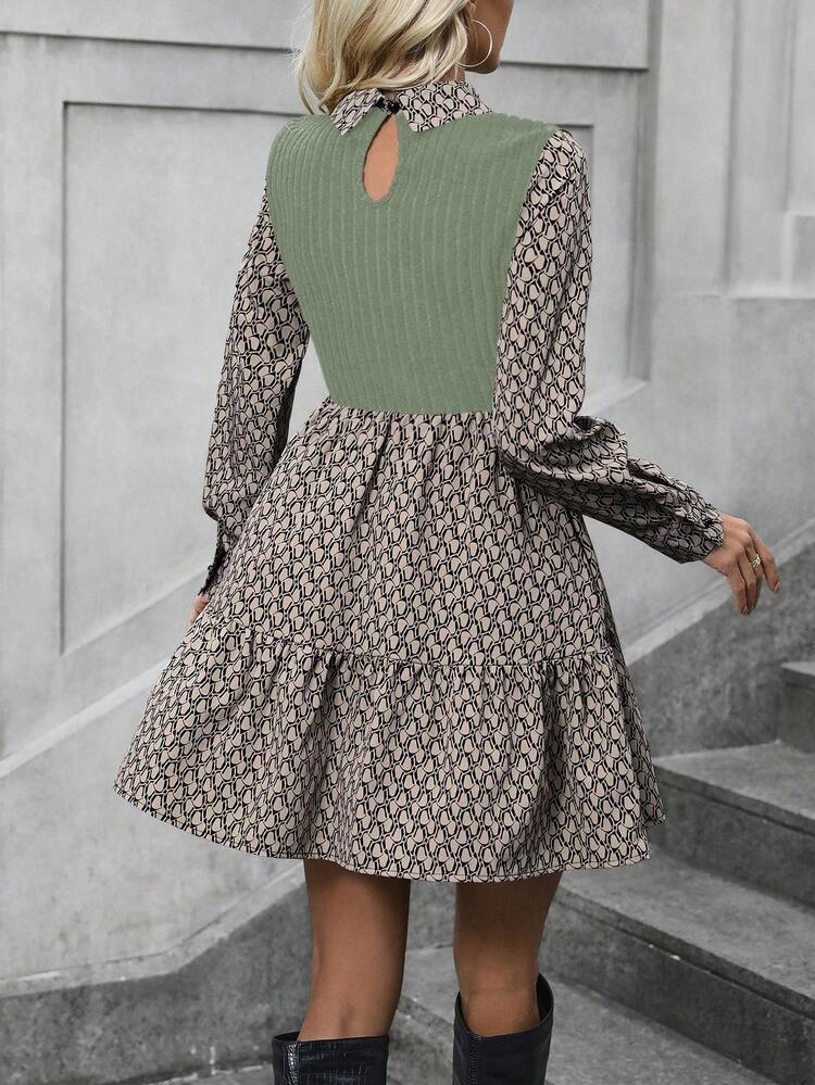 Women's Geometric Print Turn-Down Collar 2 In 1 Dress
