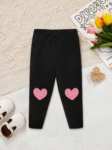 SHEIN 3入組嬰兒女孩休閒簡單心形和貓印花長褲，適用於夏季 - 彩色 - 查看 5