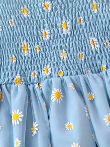 SHEIN Girls' Spaghetti Strap Daisy Print Mesh Vacation Dress - Blue - View 5