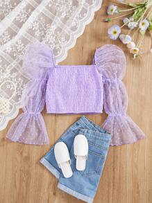 Cô gái Tween Chấm bi Lưới Dệt Cổ vuông Ống tay áo Giải trí Áo sơ mi - Màu tím - Xem 1