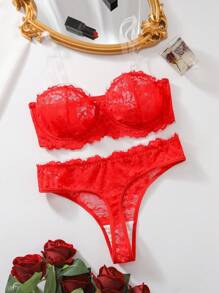 Lace Strapless Bra Set With Underwire And Thong, Sexy Lingerie - Red - View 1