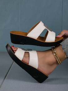 女性平台楔形涼鞋夏季戶外透氣輕便防滑休閒拖鞋（黑色） - 米色 - 查看 4