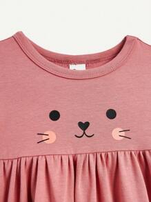 Cozy Pixies Conjunto De Vestido De Cintura Imperio Con Cuello Redondo Con Volantes Y Estampado De Conejito Para Niña Pequeña