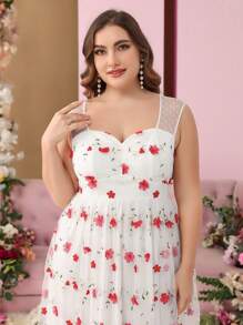 SHEIN Belle 大碼女士雞尾酒派對裙帶有3d花朵,情人節領,蓬鬆裙 - 粉色 - 查看 2