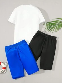 SHEIN 3pcs/Set Tween Boy Snug Fit Car & Letter Printed Crewneck Short Sleeve T-Shirt, Solid Color Shorts And Home Clothes Set - Multicolor - View 2
