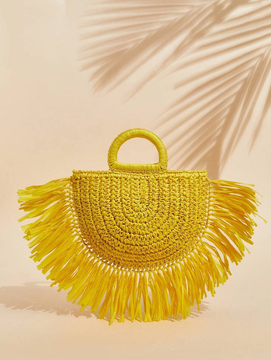 SHEIN VCAY Bolso de mano tejido simple y cotidiano de unicolor para mujer - Amarillo - Ver 1