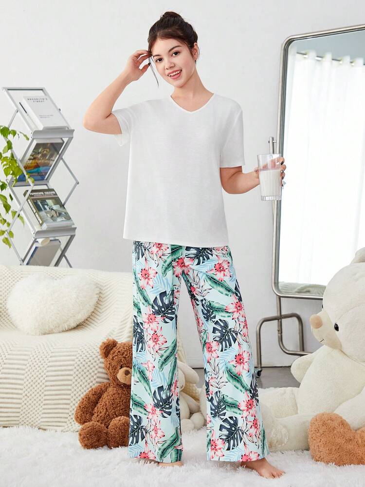 Teen Girl Knitted Solid Color Short Sleeve T-Shirt With Floral Pattern Pants Casual Homewear
