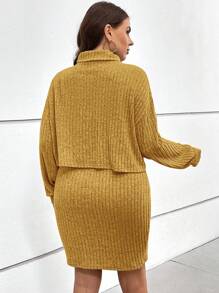 SHEIN Essnce Plus Size Women's High Neck Drop Shoulder Long Sleeve T-Shirt And Cami Dress Set - Ginger - View 2