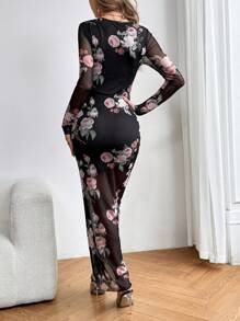 SHEIN Privé Vestido Decorado Con Dobladillo Con Volantes Y Cuello En V Para Mujer