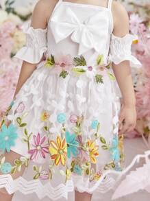 Đứa bé gái Rỗng Áo Bowknot Nghệ Embellished Lưới thêu Đầm - trắng - Xem 5
