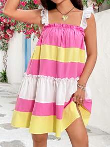 Soleia Robe femme à fines bretelles avec bloc de couleurs et volants - Multicolore - Voir 3
