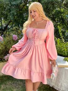 Sunnyshic 大尺碼純色十字肩帶方領荷葉邊連衣裙 - 粉色 - 查看 5