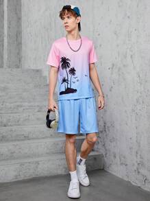 SHEIN Explorewe Teen Boy Palm Tree Printed Ombre Short Sleeve T-Shirt And Shorts Set - Multicolor - View 4