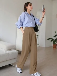 DAZY 纯色直筒商务休闲西装裤，女士正装裤秋冬 - 卡其色 - 查看 3