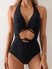 SHEIN Swim 女款純色掛脖露背連身泳衣嘉年華 - 黑色 - 查看 3