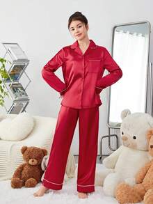 SHEIN Teenage Girls' Simulated Silk Contrast Trim Shirt And Pants Homewear Set - Burgundy - View 5