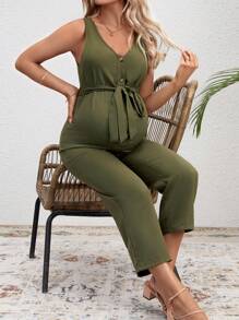 SHEIN 孕婦v領無袖連體褲,帶束腰 - 軍綠色 - 查看 1