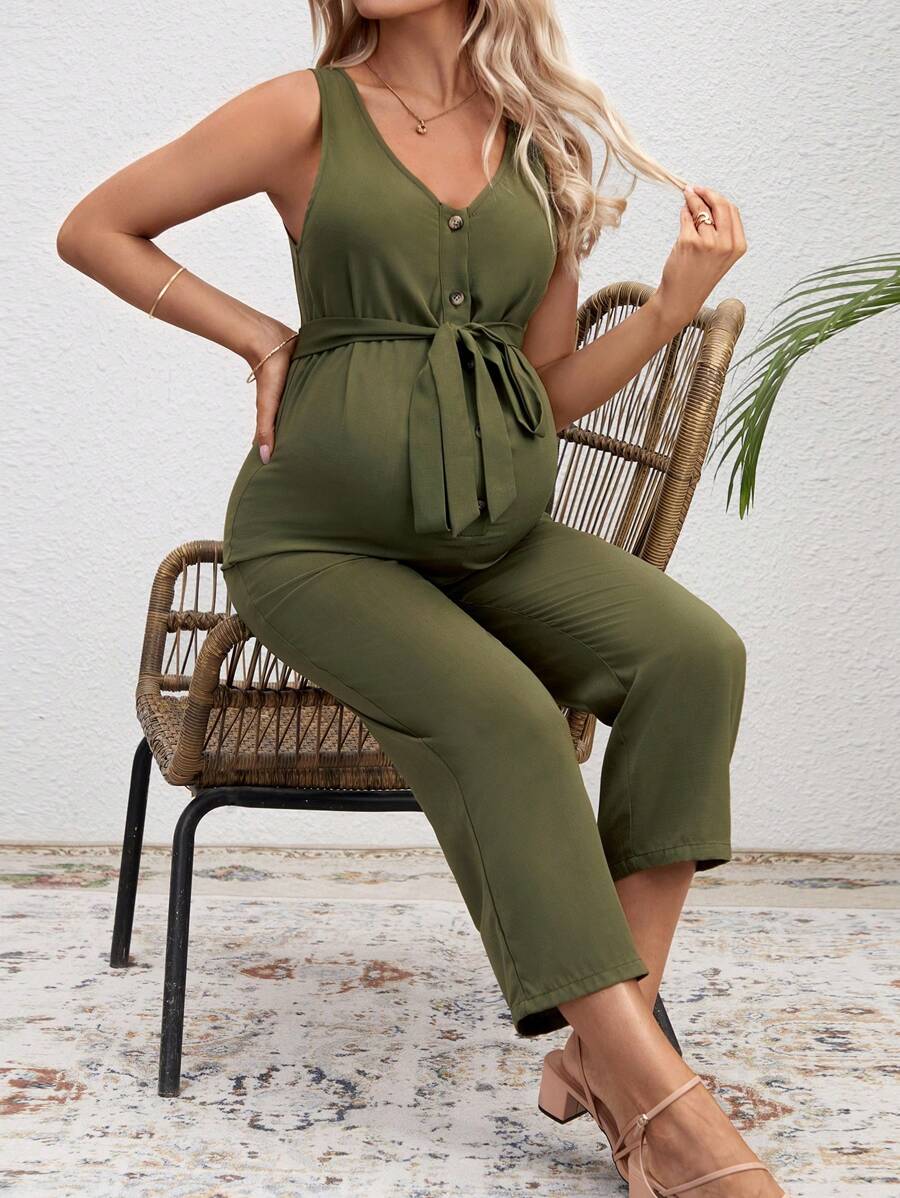 SHEIN 孕婦v領無袖連體褲,帶束腰 - 軍綠色 - 查看 1