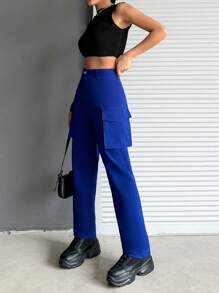 SHEIN Cottnline Women's Straight-Leg Workwear Pants With Double Pockets - Navy Blue - View 1