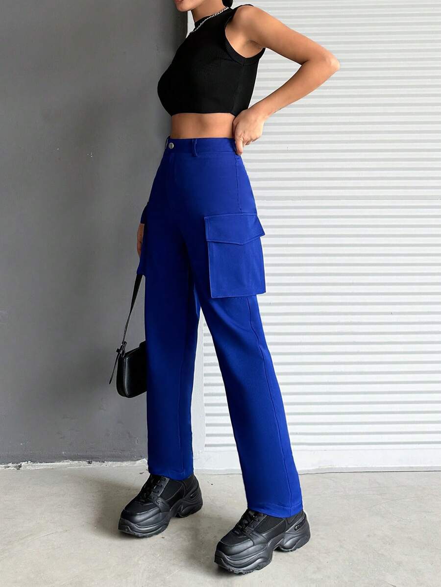 SHEIN Cottnline Women's Straight-Leg Workwear Pants With Double Pockets - Navy Blue - View 1