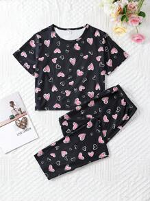 Teen Boy Simple Heart Pattern Printed Short Sleeve Top And Pants Set For Home Wearing - Multicolor - View 1