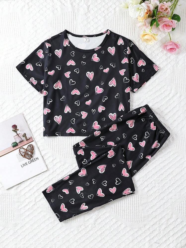 Teen Boy Simple Heart Pattern Printed Short Sleeve Top And Pants Set For Home Wearing