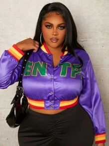 Slaydiva Slayr 大码街头剪裁印花撞色长袖女式夹克外套 - 紫色 - 查看 2