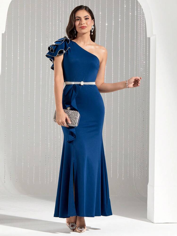 Women's One Shoulder Mermaid Dress With Rhinestone Decoration, Multi-Layer Ruffled Hem Design